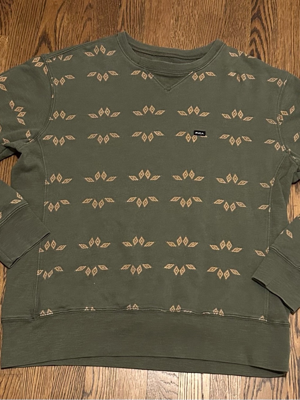 RVCA Olive Crewneck Sweater with Tan Geometric Motif